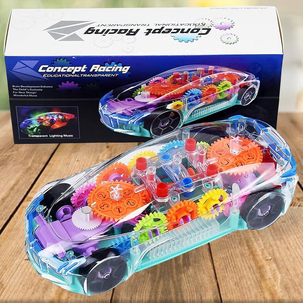 Close-up of transparent rotating gear car toy with lights