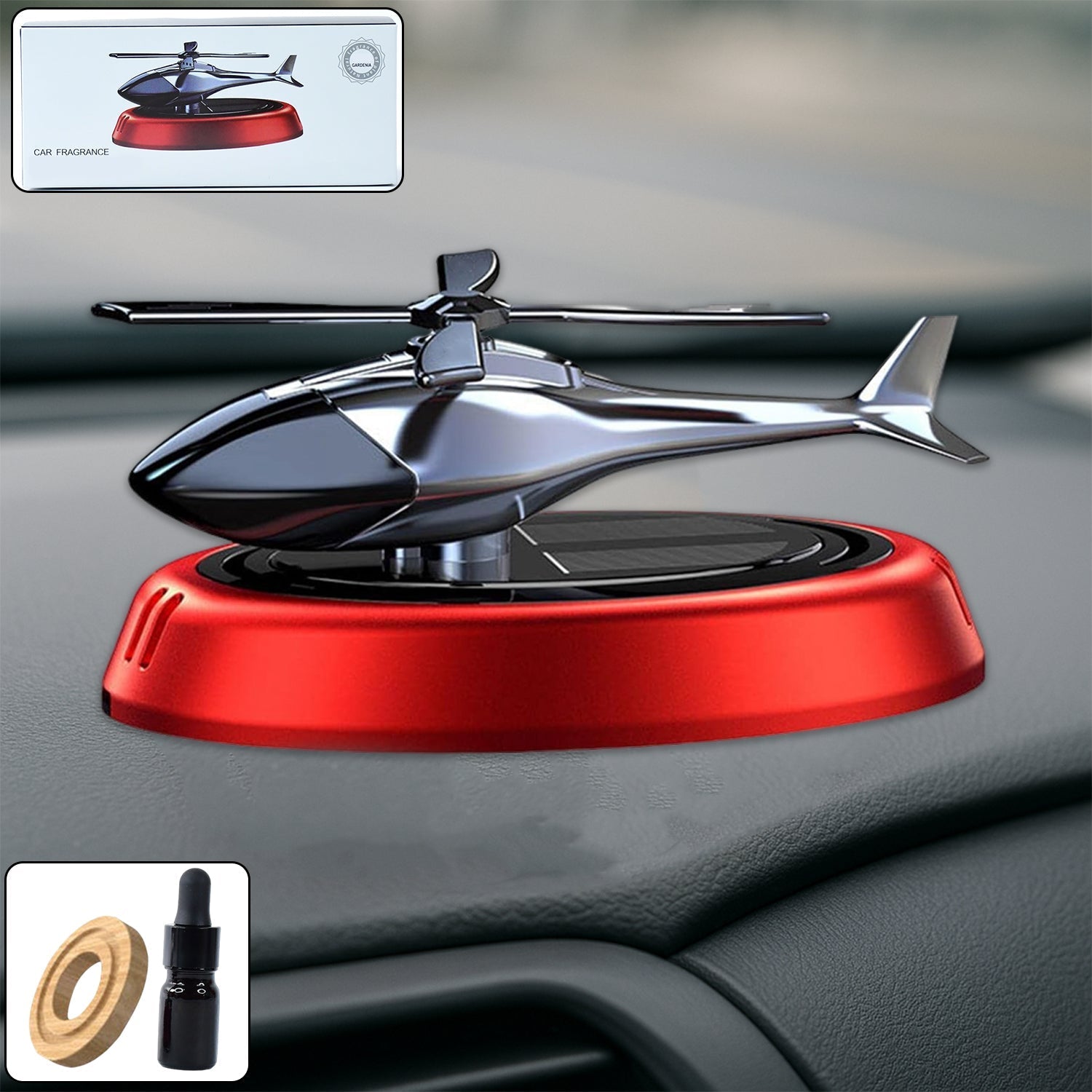 Solar-powered helicopter car air freshener on a car dashboard