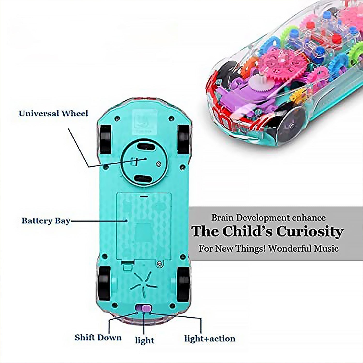 Front side of transparent gear car toy with dynamic lights