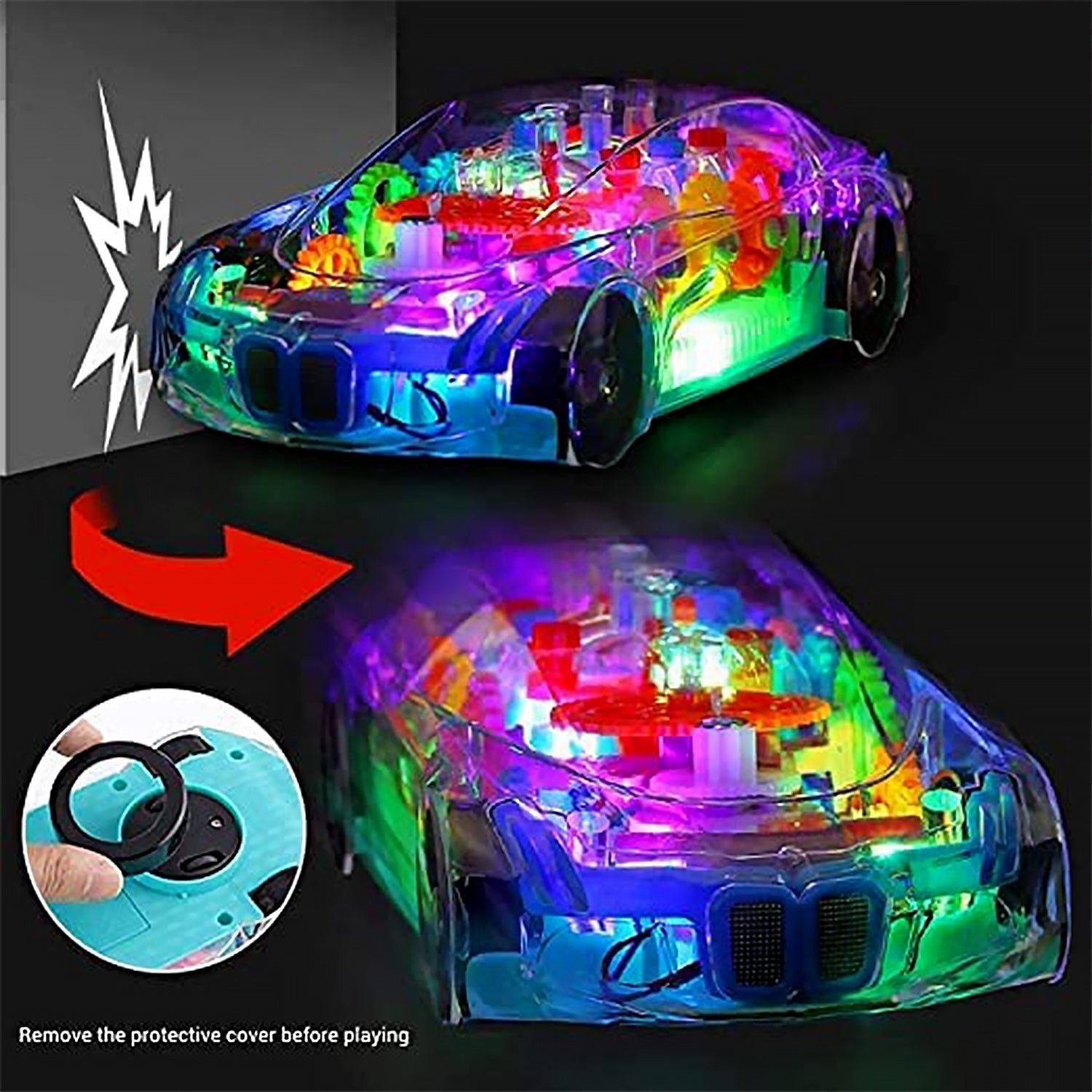 Transparent gear car toy showing bump-and-go mechanism