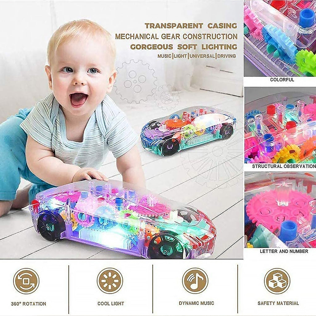 Rotating gear car toy in action with lights on