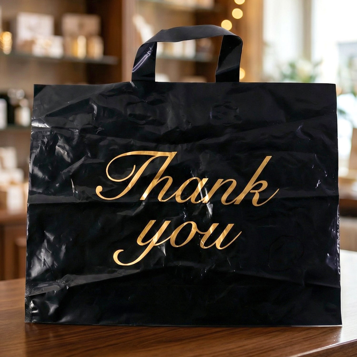 Large Black Thank You Printed Plastic Carry Bag (34  44 Cm 1 Pc)