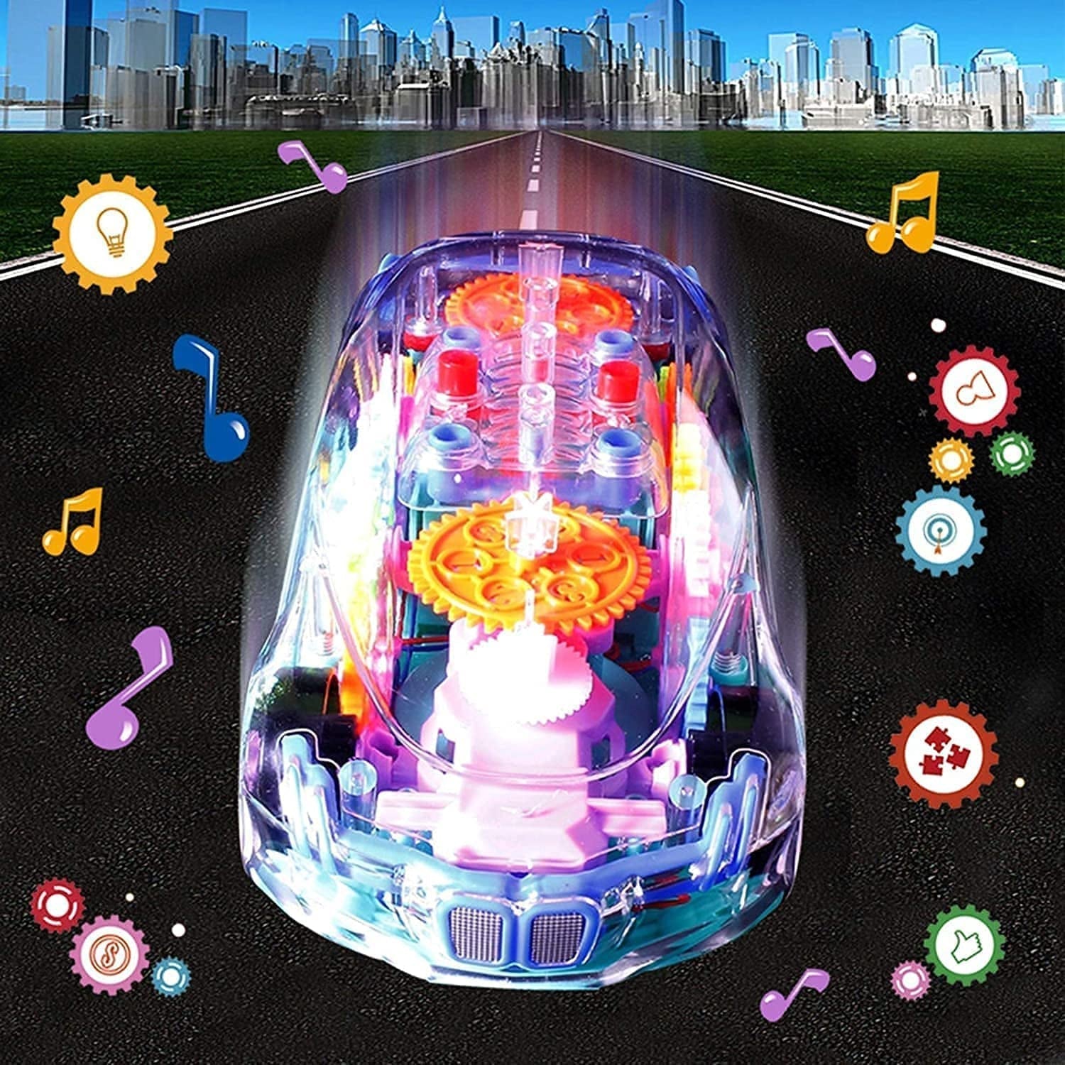 Top view of transparent gear car toy with musical features