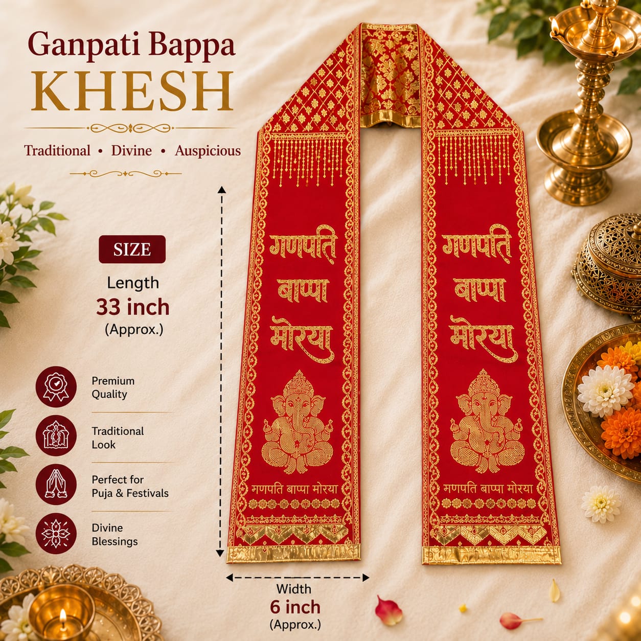 Ganpati Bappa Morya Khes  | Devotional Printed Puja Stole | 66 × 6 Inch | Ganesh Festival, Visarjan, Bhajan - Image 1