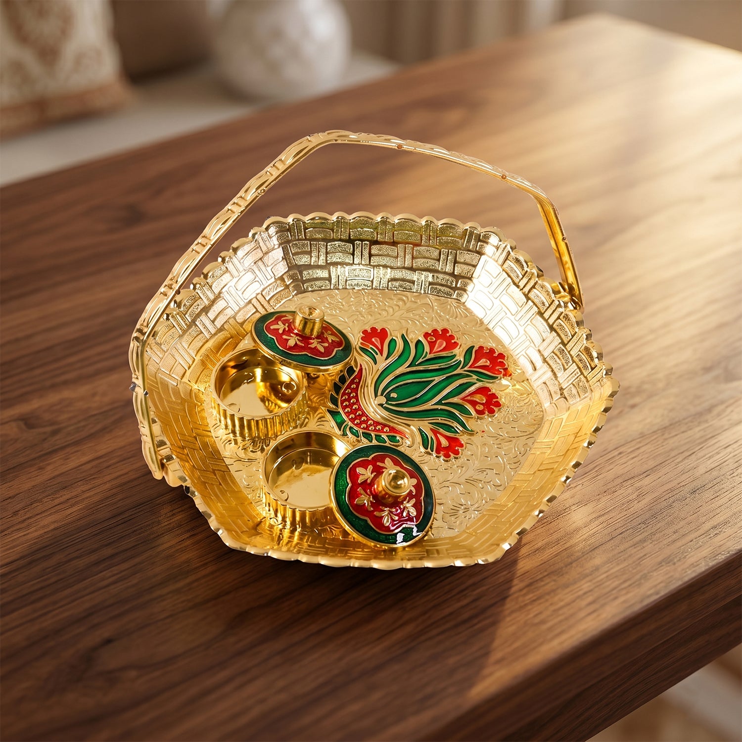 Kumkum Kankavati Basket With Handle Golden Haldi Roli Chawal Pooja Set (1 Pc)