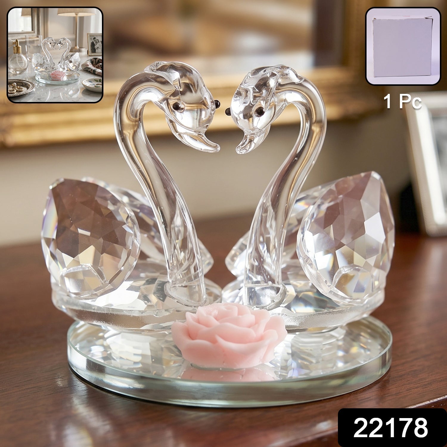 Crystal Swan Pair Showpiece Decorative Glass Couple Swan Home Decor (1 Pc)