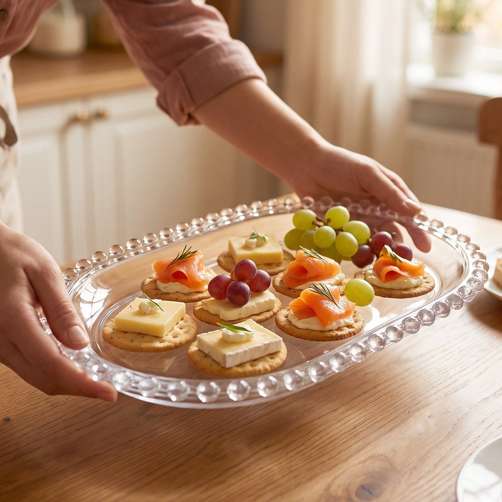 Transparent Glass Serving Tray 9 Inch Oval Beaded Edge Platter For Snacks (1 Pc)