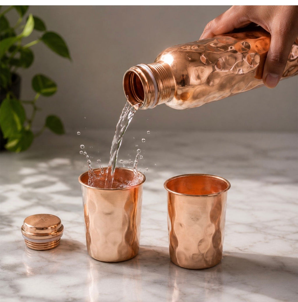 Diamond Cut Copper Water Bottle 2 Glasses With Gift Box (3 Pcs Set)