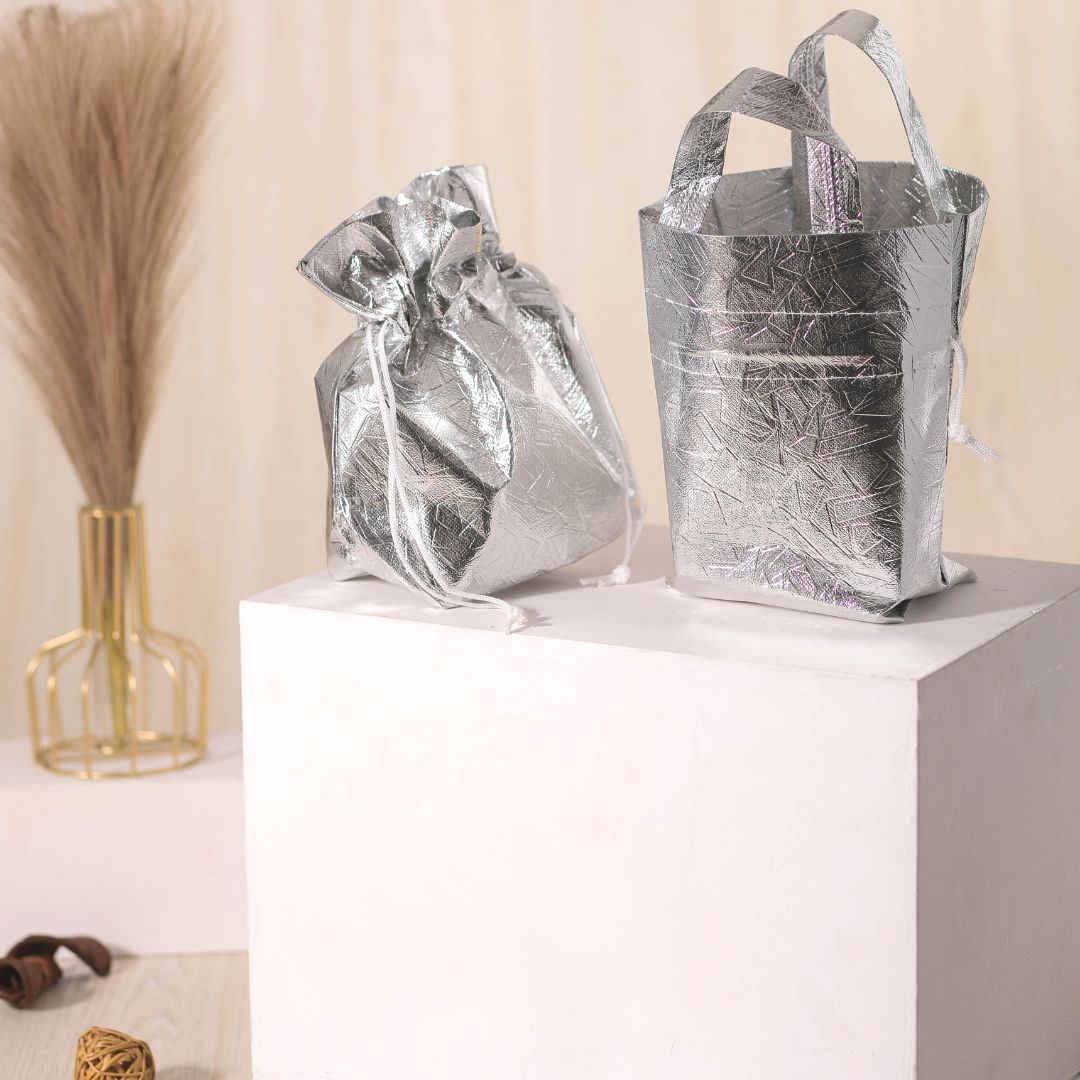 Non Woven Fabric Bag With Handle 23 * 22 cm Gift Non Woven bag, Carry Bags, gift bag for Birthday, Festivals, Season's Greeting, Diwali, Navratri(Silver) - Image 1