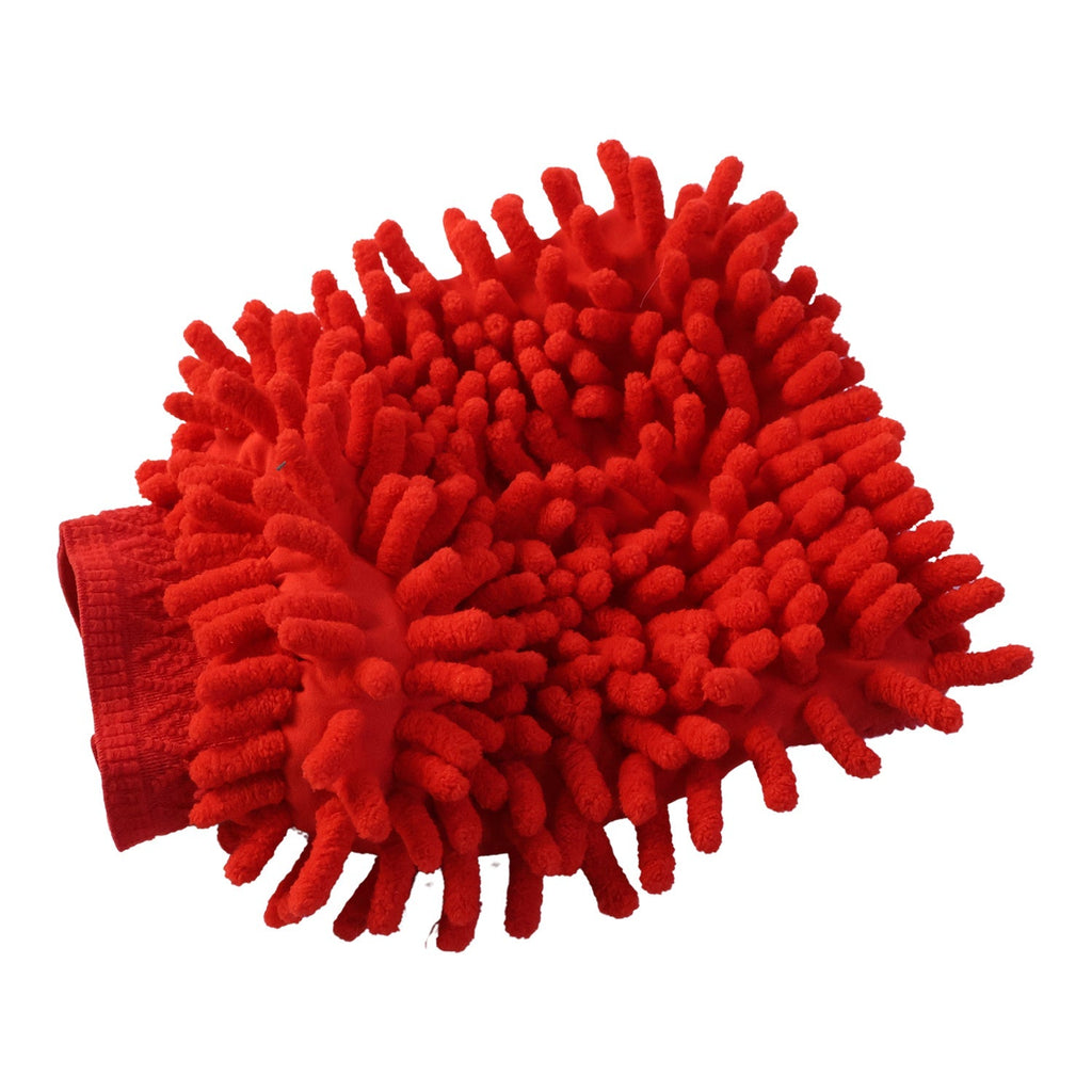 A red microfiber chenille wash glove, with many short, thick strands, is shown on a white background.