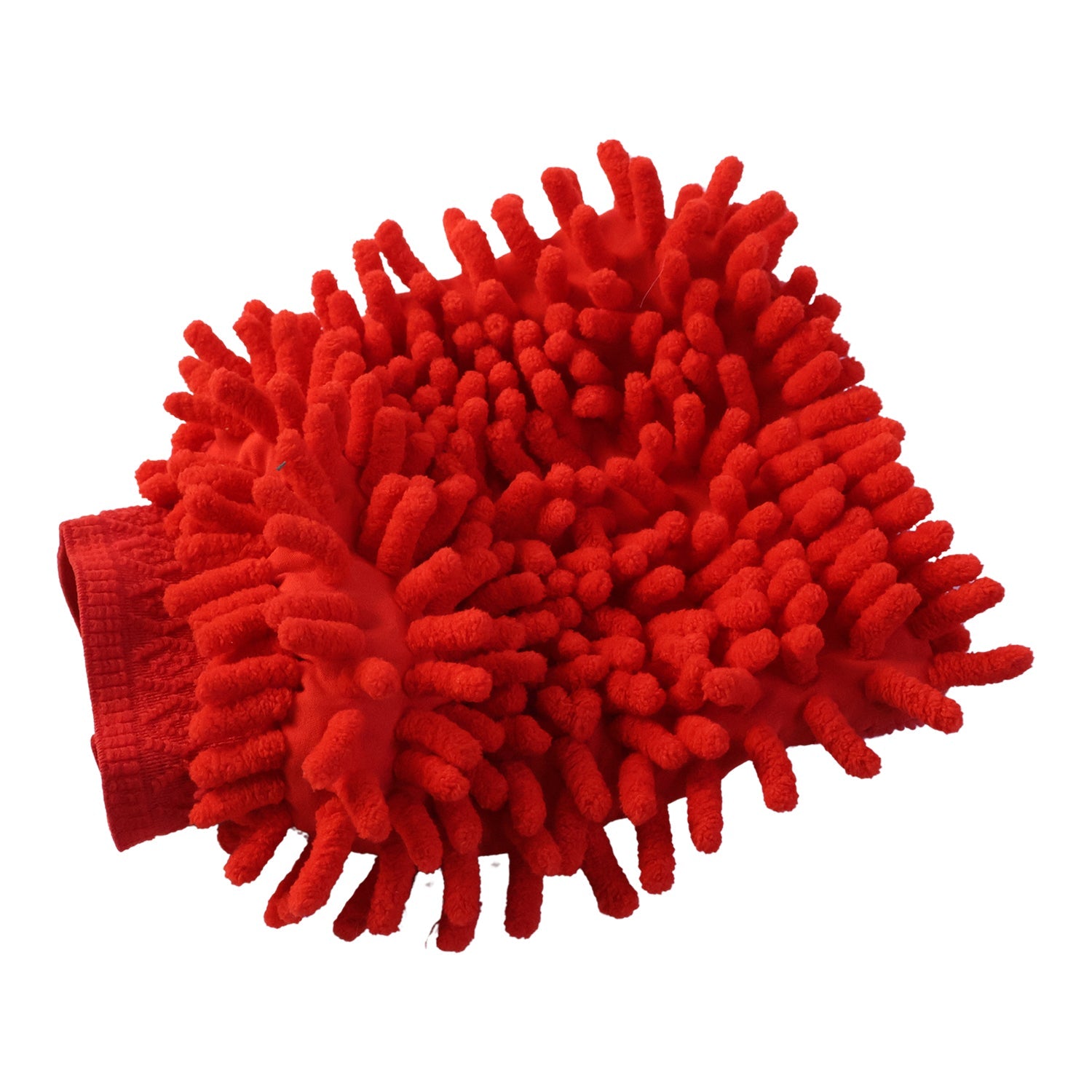 A red microfiber chenille wash glove, with many short, thick strands, is shown on a white background.