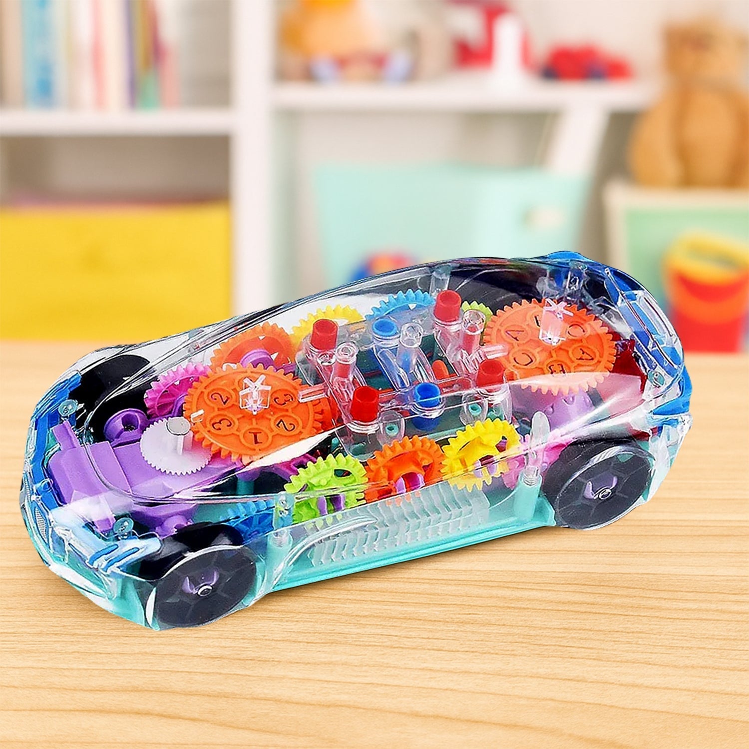 Rotating transparent gear concept car toy with musical and 3D flashing lights