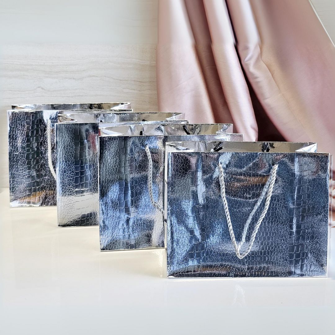 Small Size Shiny Paper Bag Gift Bags with Handle Gift Paper bag, gift For Gifting, marriage, Return Gifts, Birthday, Wedding, Party, Season's Greetings (Small, Silver) - Image 1
