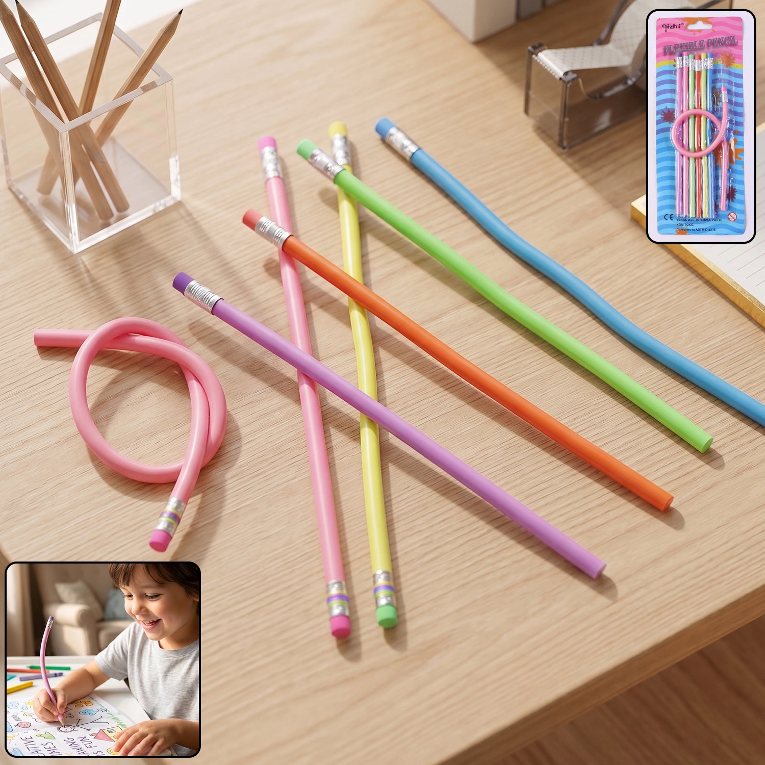 Flexible Bendable Pencils With Eraser  7 Pc Colorful Soft Magic Pencil Set