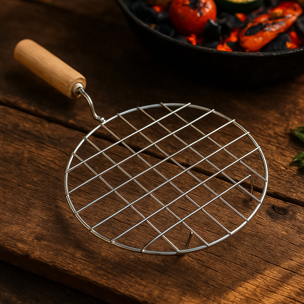 2085 Kitchen Round Stainless Steel Roaster Papad Jali Barbecue Grill With Wooden Handle