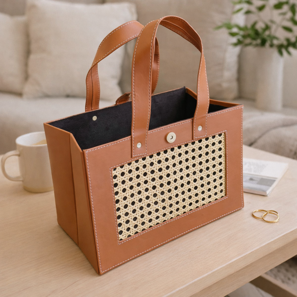 Premium Handcrafted Purse /Leather Storage Basket with Handle — Multipurpose Organizer for Gifts, Gifting Hampers, Home Décor, Office Storage (12.5 x 7 x 8.5 Inch) (Brown) - Image 1