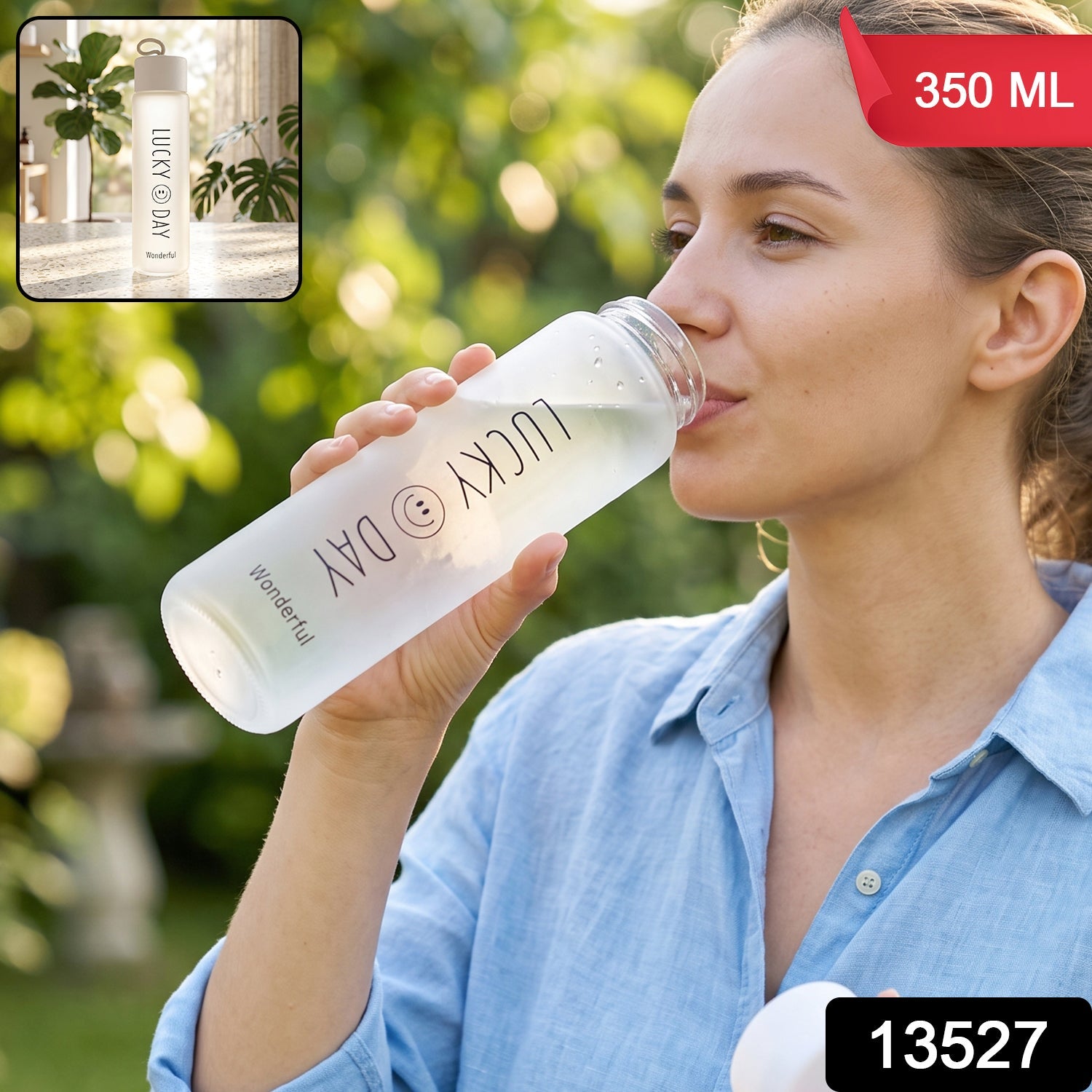 350 Ml Frosted Glass Water Bottle Lucky Day Print For Office Travel (1 Pc)