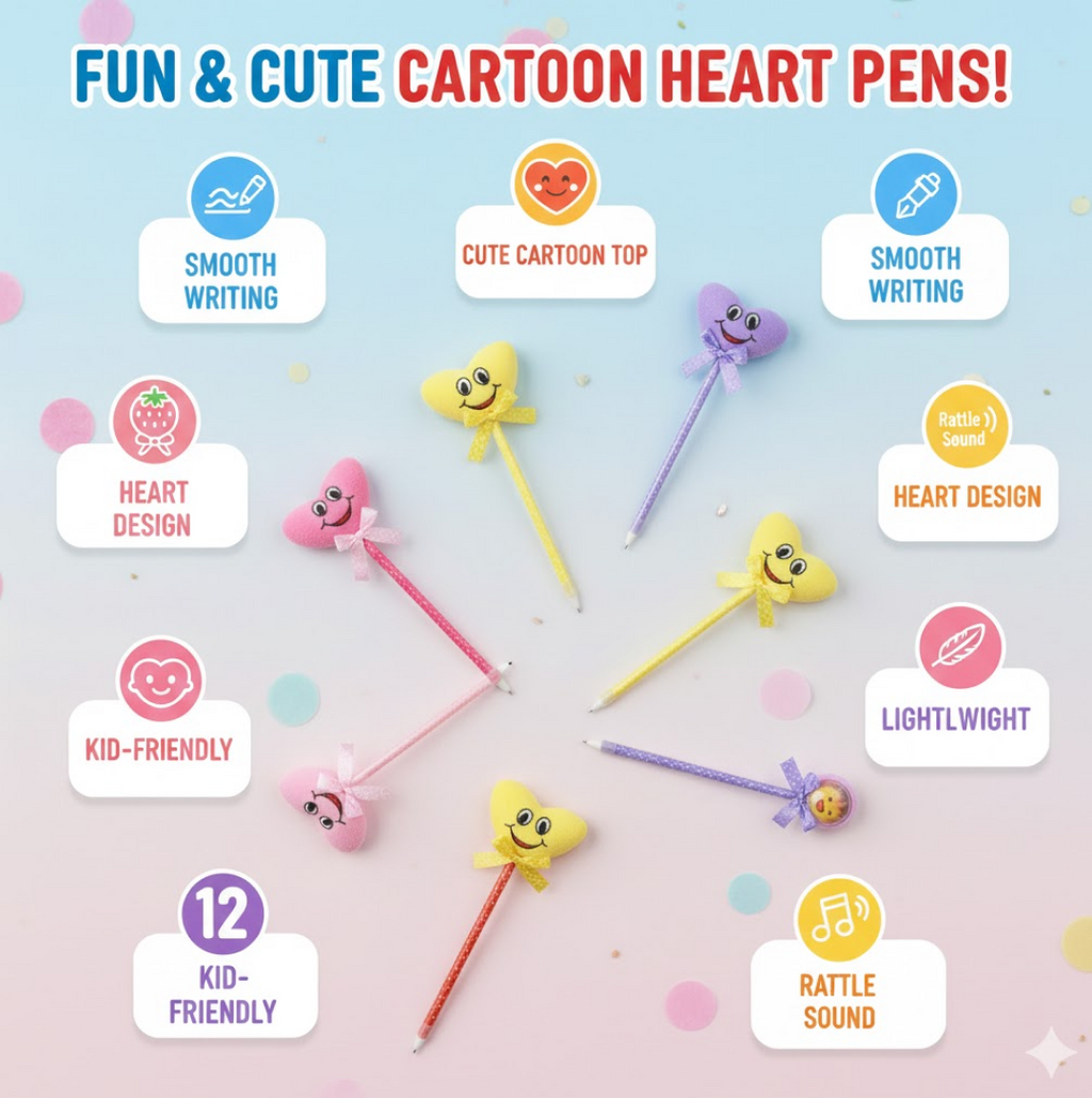 Close-up of a pink heart-shaped ballpoint pen with a rattle