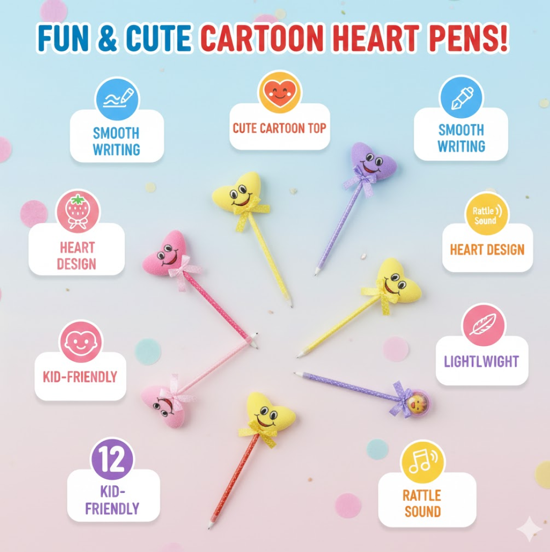 Close-up of a pink heart-shaped ballpoint pen with a rattle