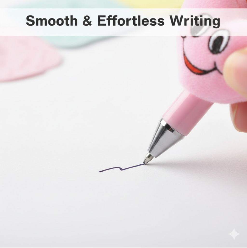 Close-up of a blue cartoon character ballpoint pen with a rattle