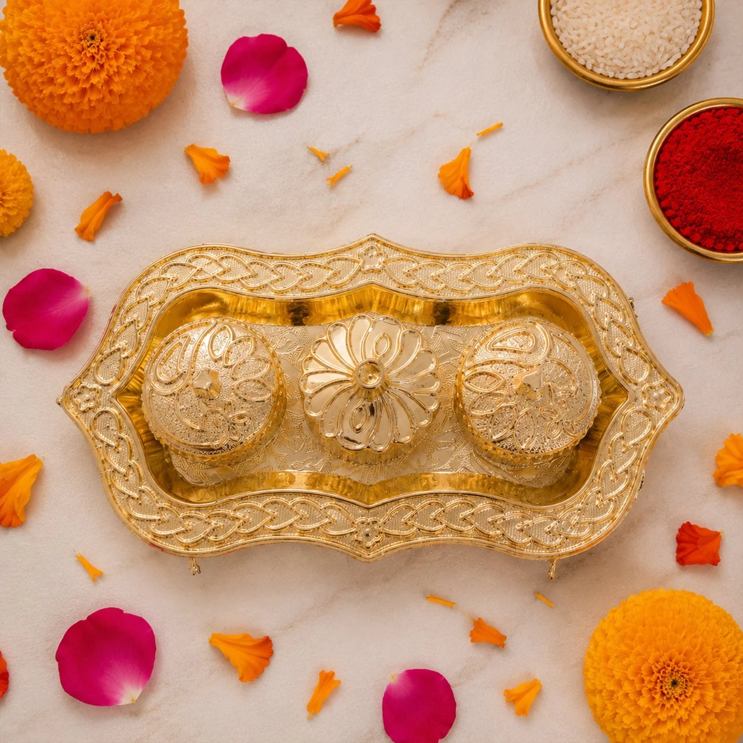 Triveni Kankavati Kumkum Holder With 3 Compartments For Puja And Tilak (1 Pc)