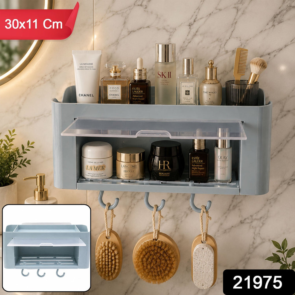 Wall Mounted Multi Storage Organizer Shelf with Hooks for Bathroom (1 Pc) - Image 2