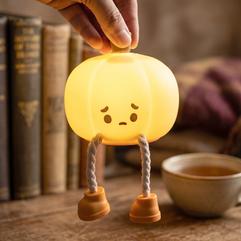 Soft silicone pumpkin night light, USB rechargeable. Perfect for kids' rooms, image 8 of 9.