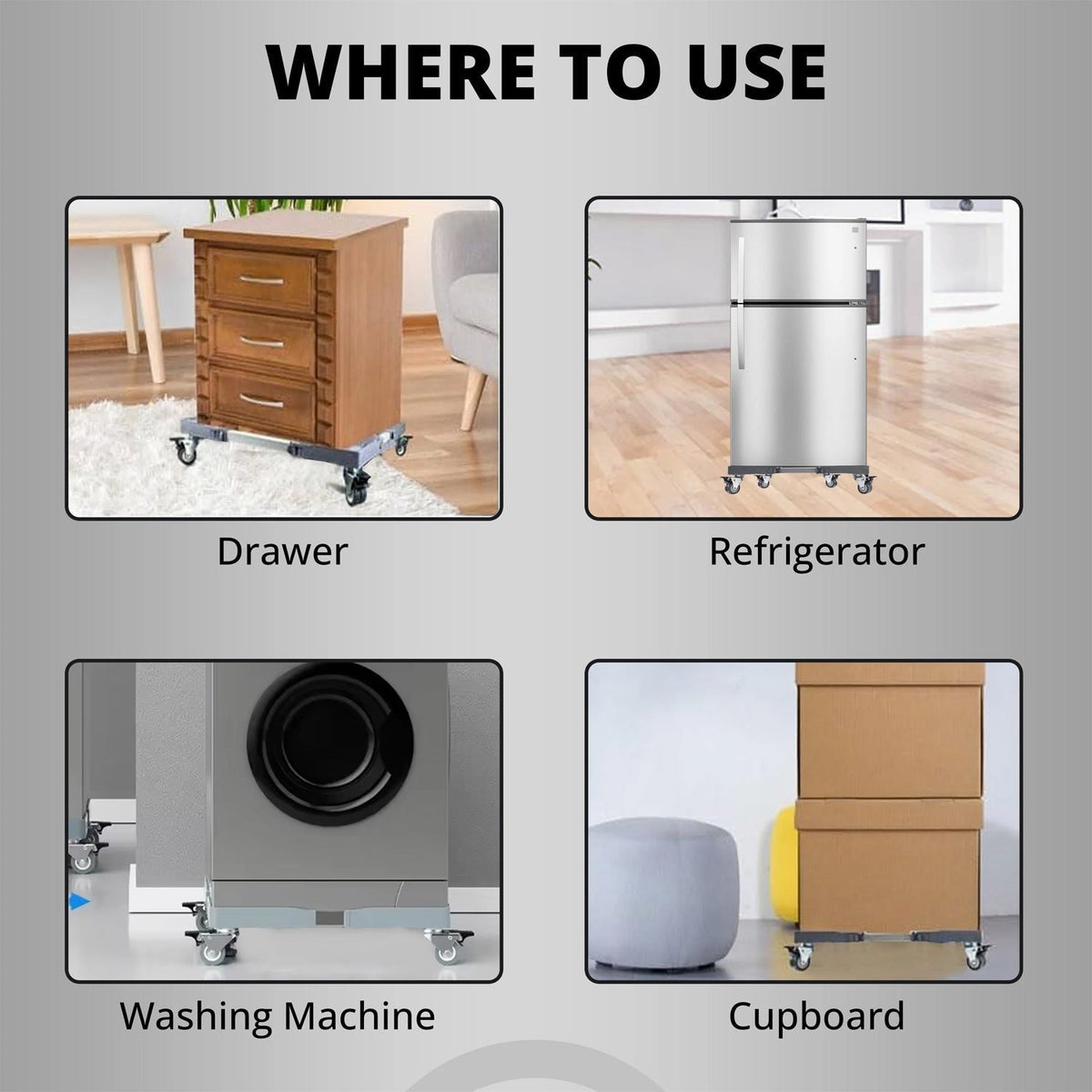 Adjustable stand supporting a fridge, showing design