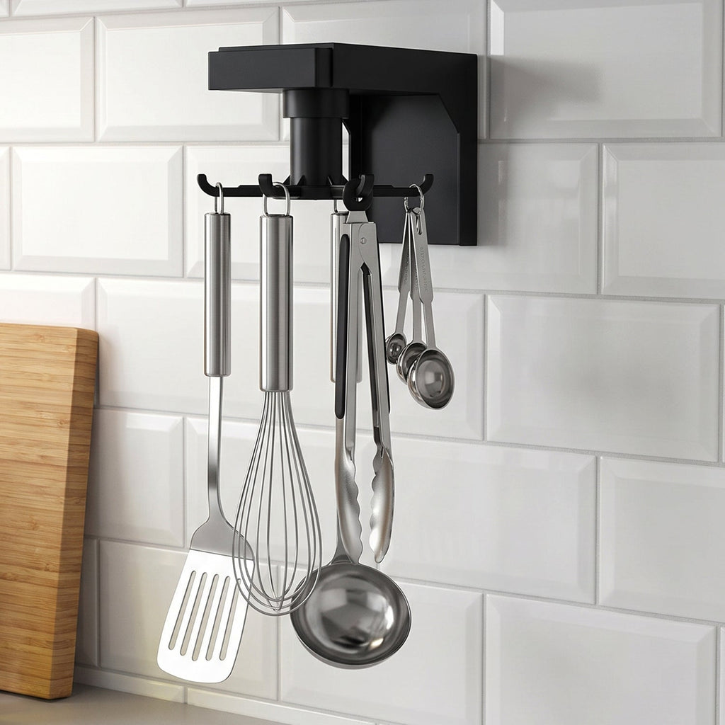 Rotating hanging hook holding kitchen utensils