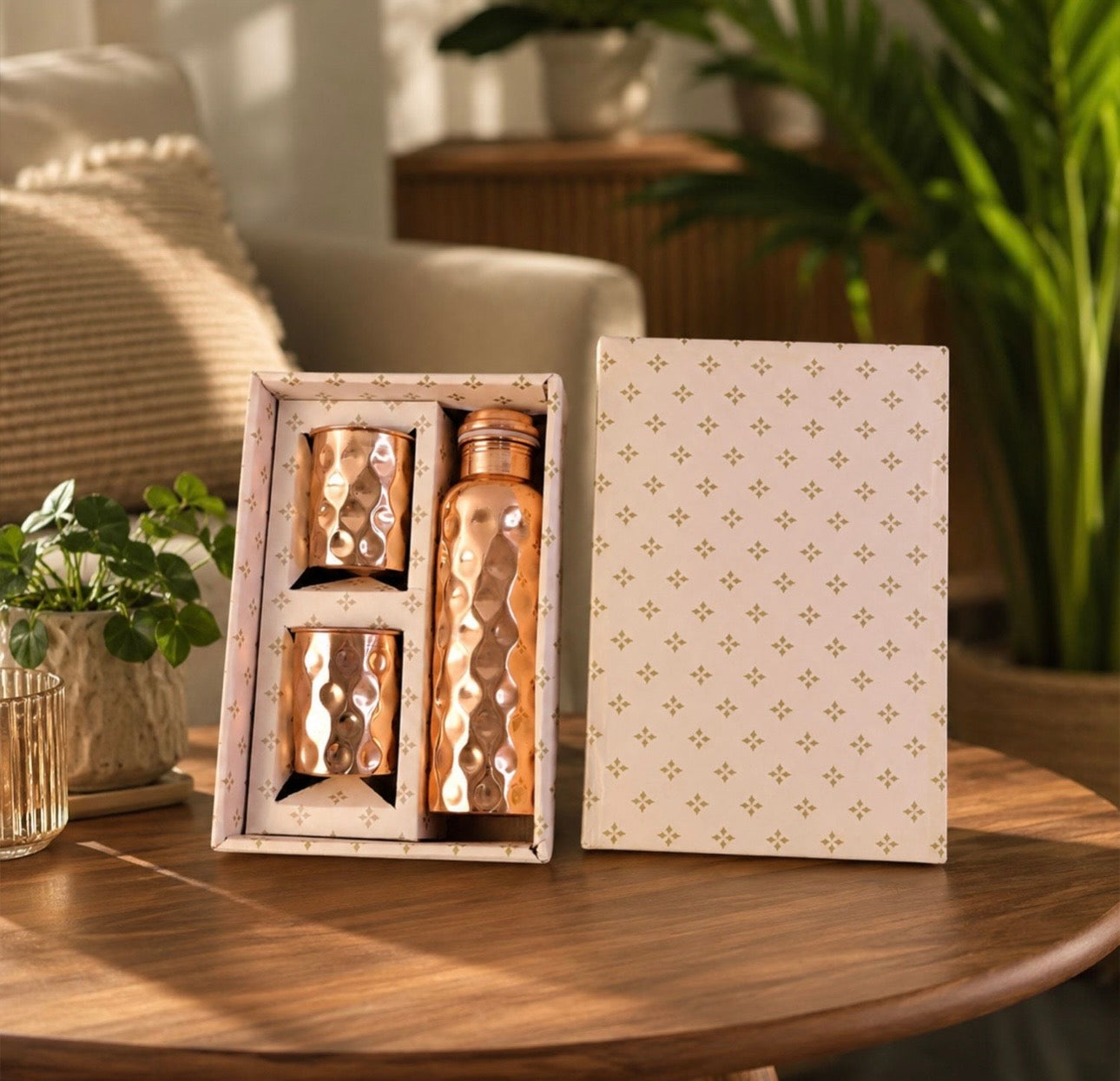 Diamond Cut Copper Water Bottle 2 Glasses With Gift Box (3 Pcs Set)