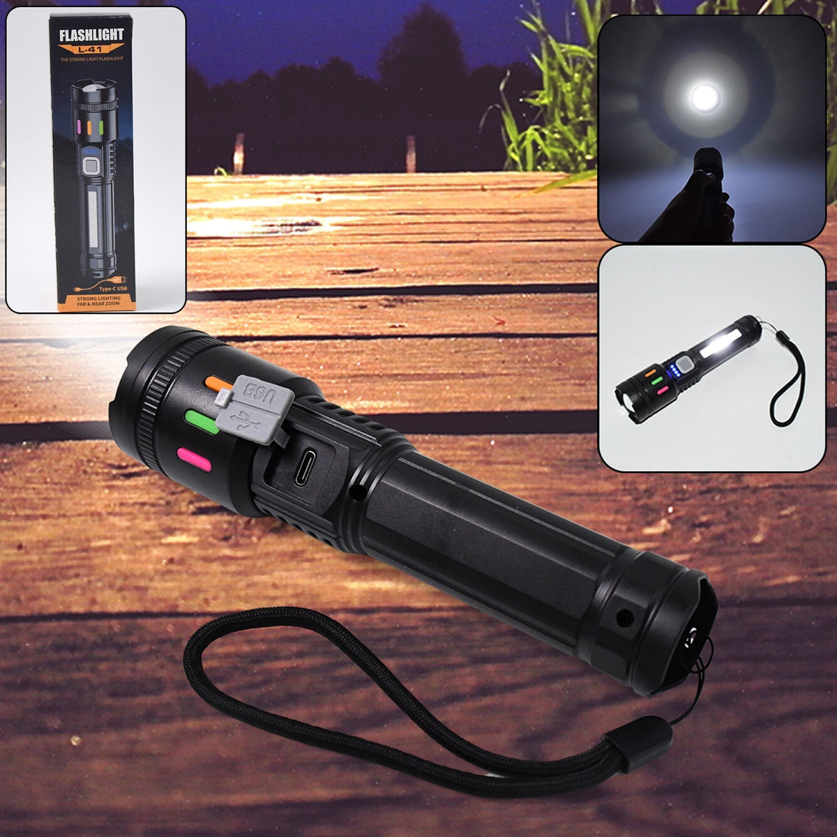 USB rechargeable LED flashlight with adjustable zoom and high lumens brightness