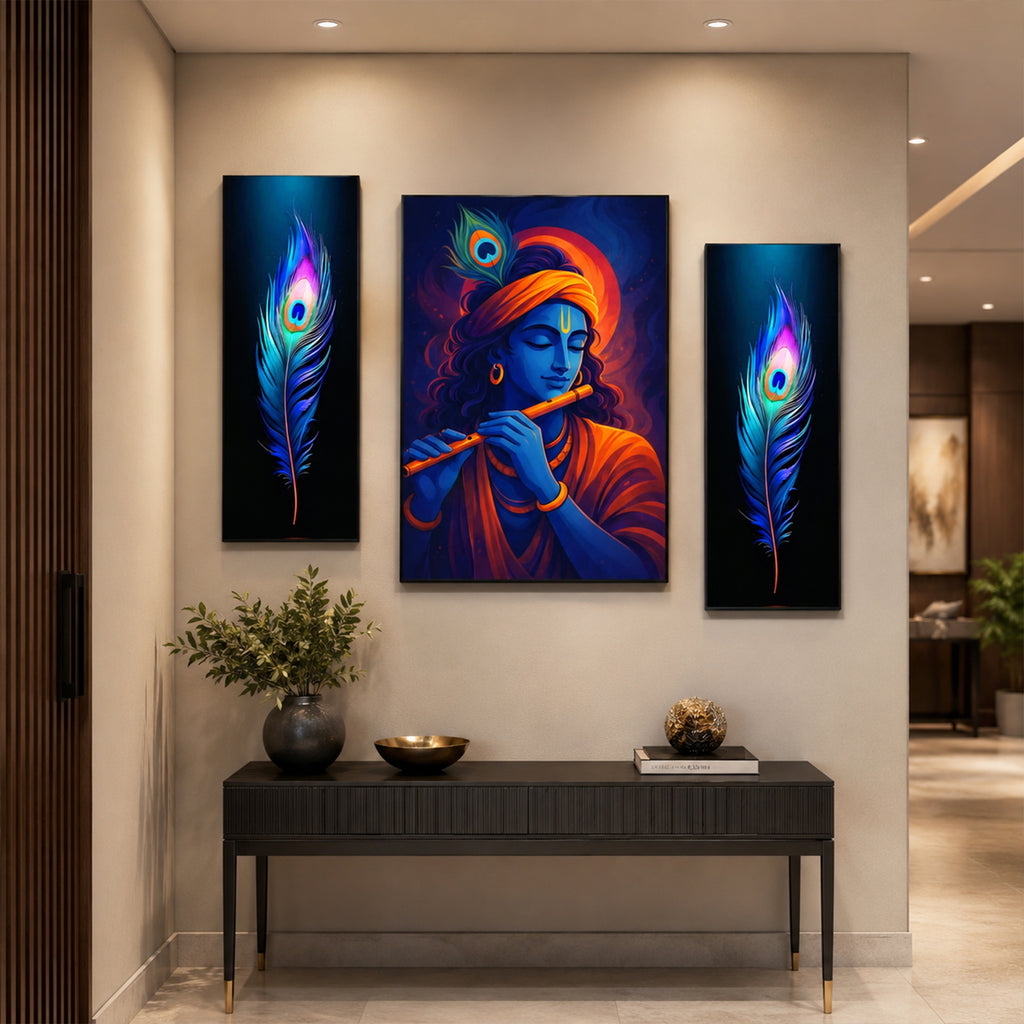 Krishna 3 Panel Mdf Wall Frame Wall Art Painting 16.5x12in (1 Pc)
