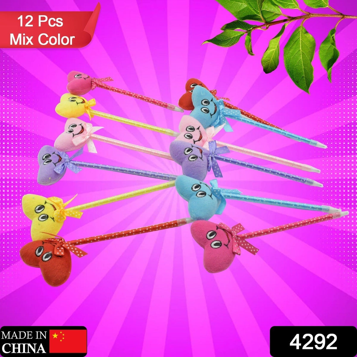 Multiple cartoon and heart design pens displayed on a table