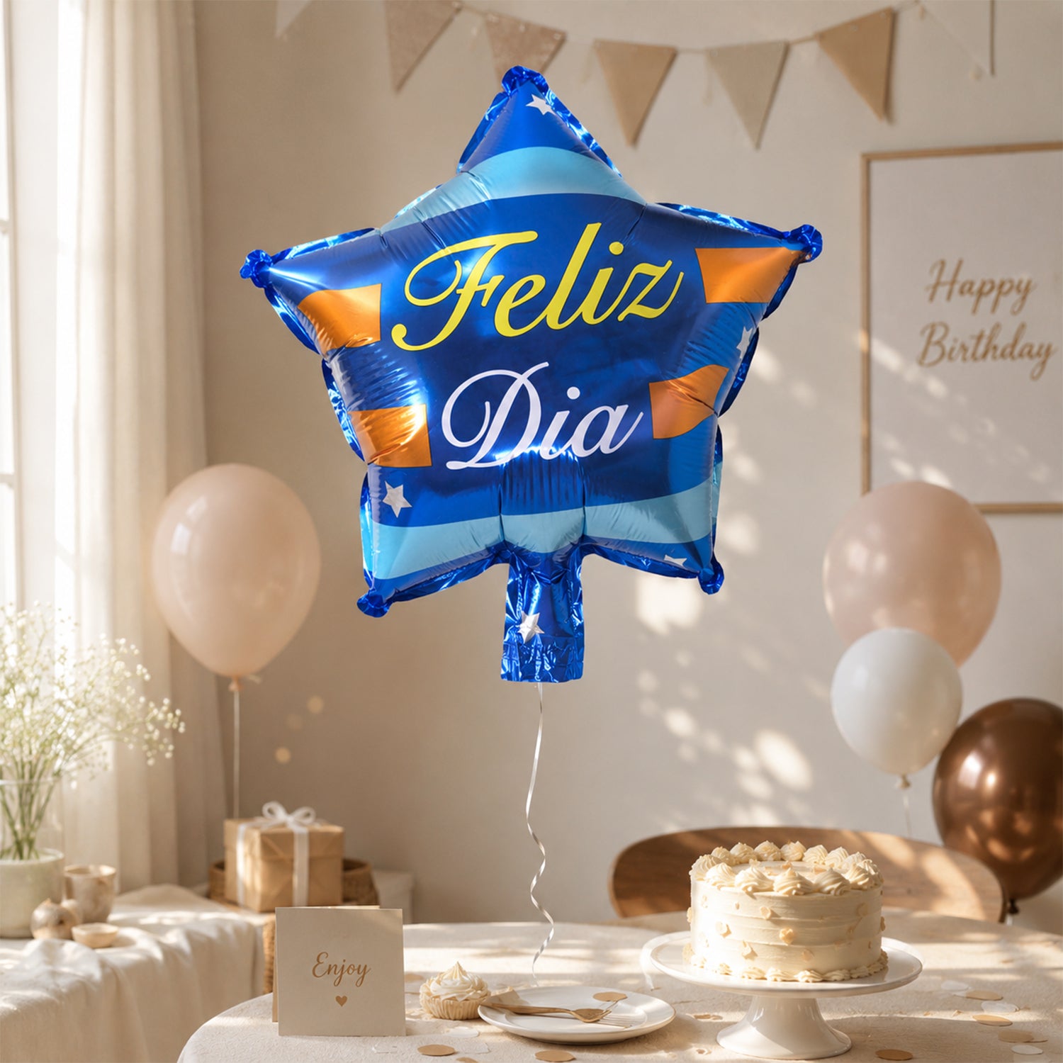 Blue Star Feliz Dia Foil Balloon For Birthday Party Decoration (1 Pc)