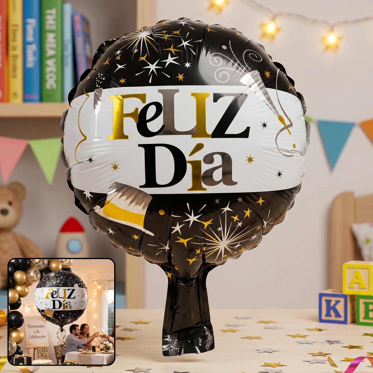 Black Golden Feliz Dia Round Foil Balloon (1 Pc)