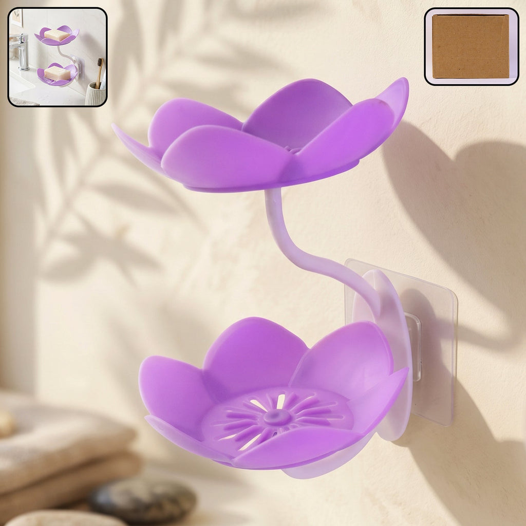 Flower Shape Double Layer Plastic Soap Dish Wall Mounted Holder (1 Pc)