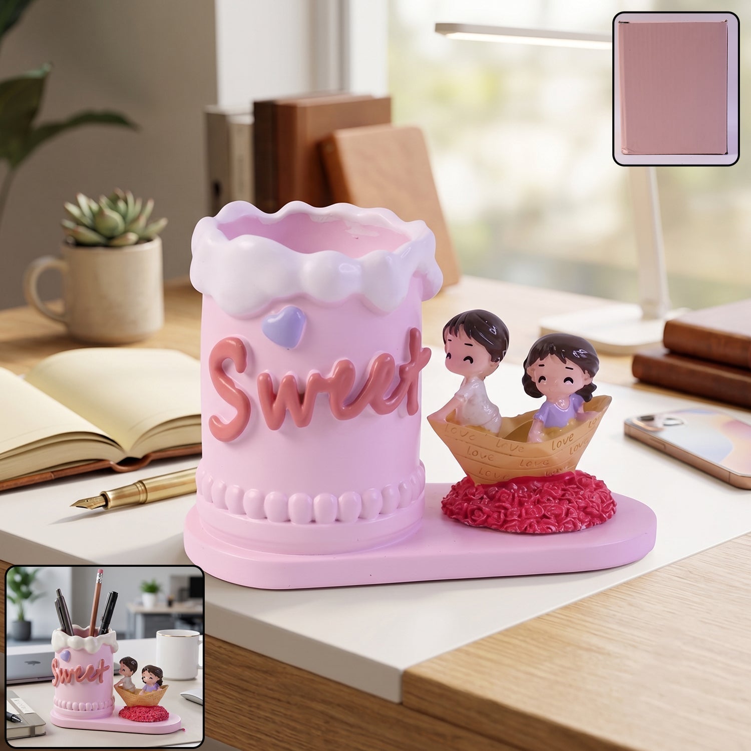 Romantic Love Couple Pen Holder Stand Resin Desk Organizer Pencil Cup (1 Pc)