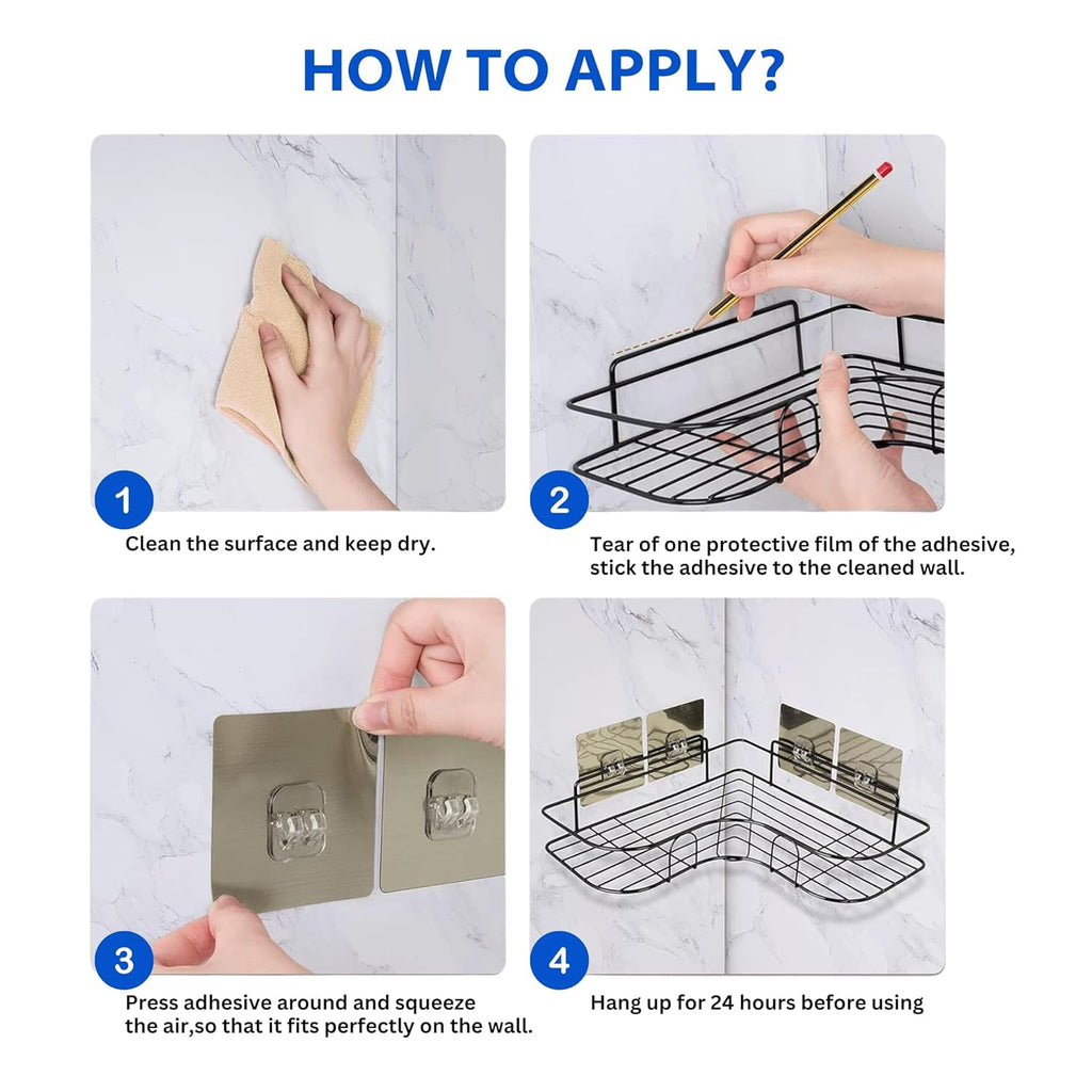 Shower shelf with adhesive hooks and metal grid design