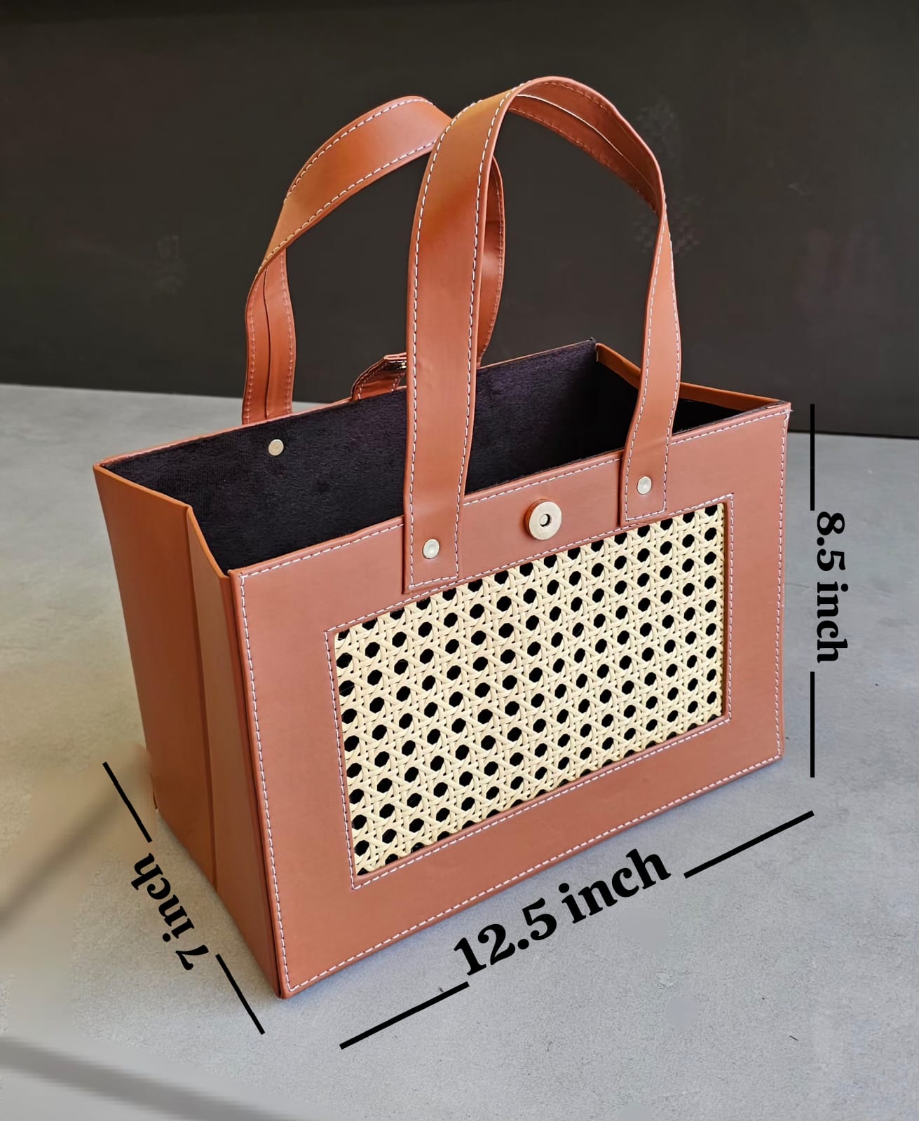 Premium Handcrafted Purse /Leather Storage Basket with Handle — Multipurpose Organizer for Gifts, Gifting Hampers, Home Décor, Office Storage (12.5 x 7 x 8.5 Inch) (Brown) - Image 3
