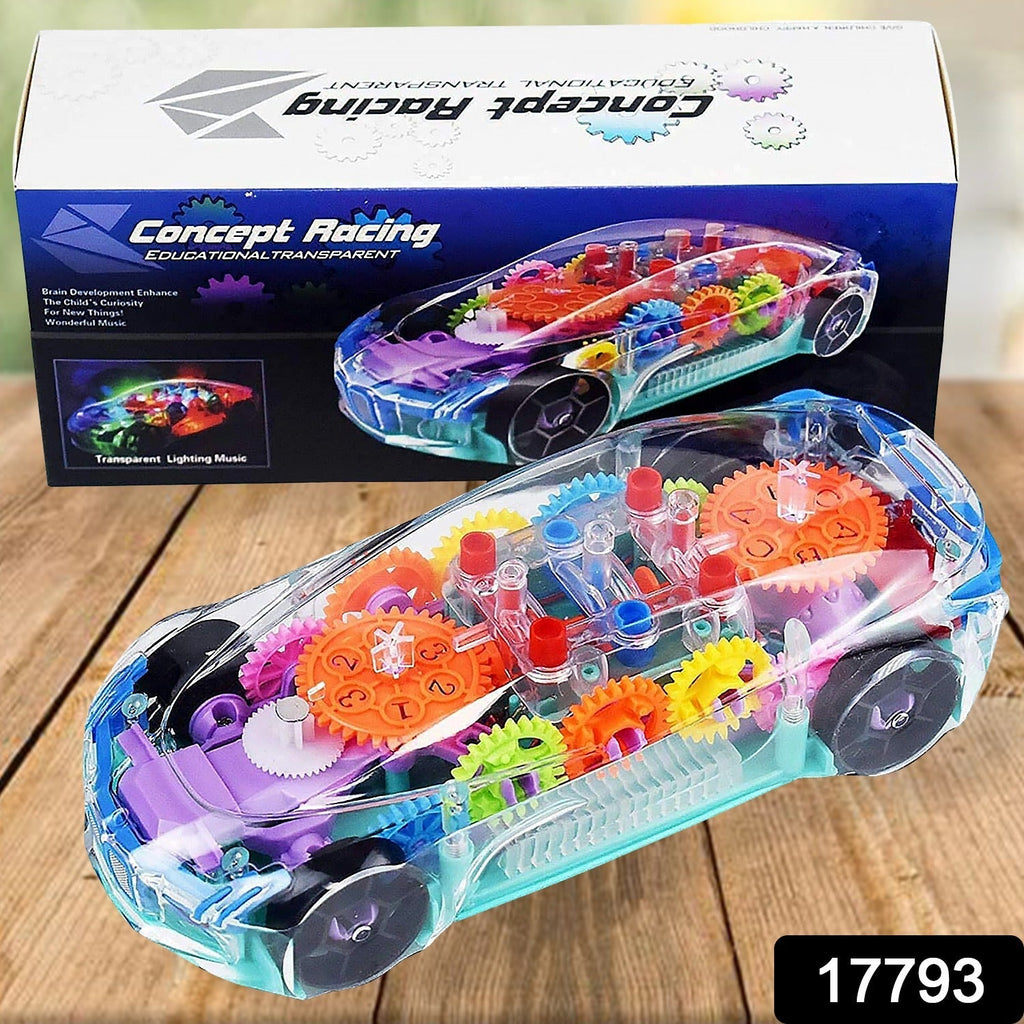 Transparent gear car toy showing side view with colorful lights