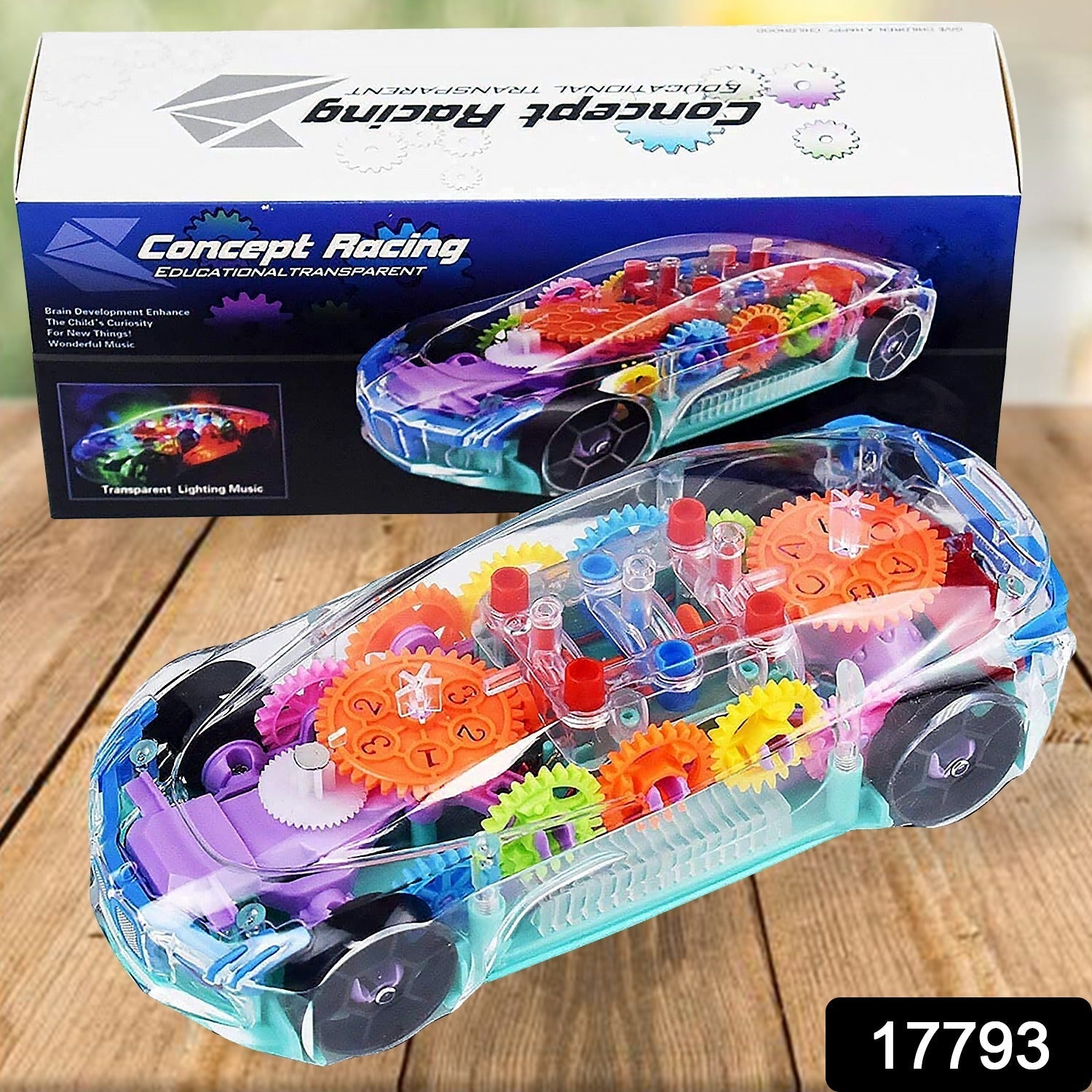 Transparent gear car toy showing side view with colorful lights