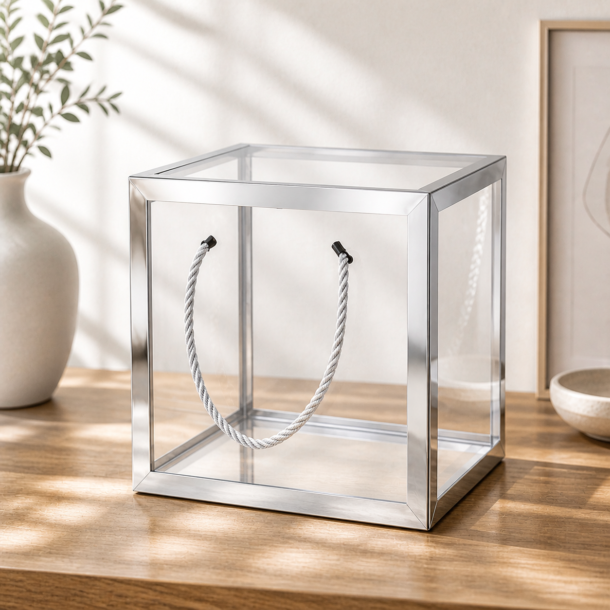Clear Transparent Gift Box with Frame and Rope Handle for Hampers, Wedding Gifts, Return Gifts, Chocolates, Dry Fruits, Cosmetics, Baby Shower, Festive Gifting & Premium Gift Packaging (21 cm x 21 cm x 21 cm size) - Image 2