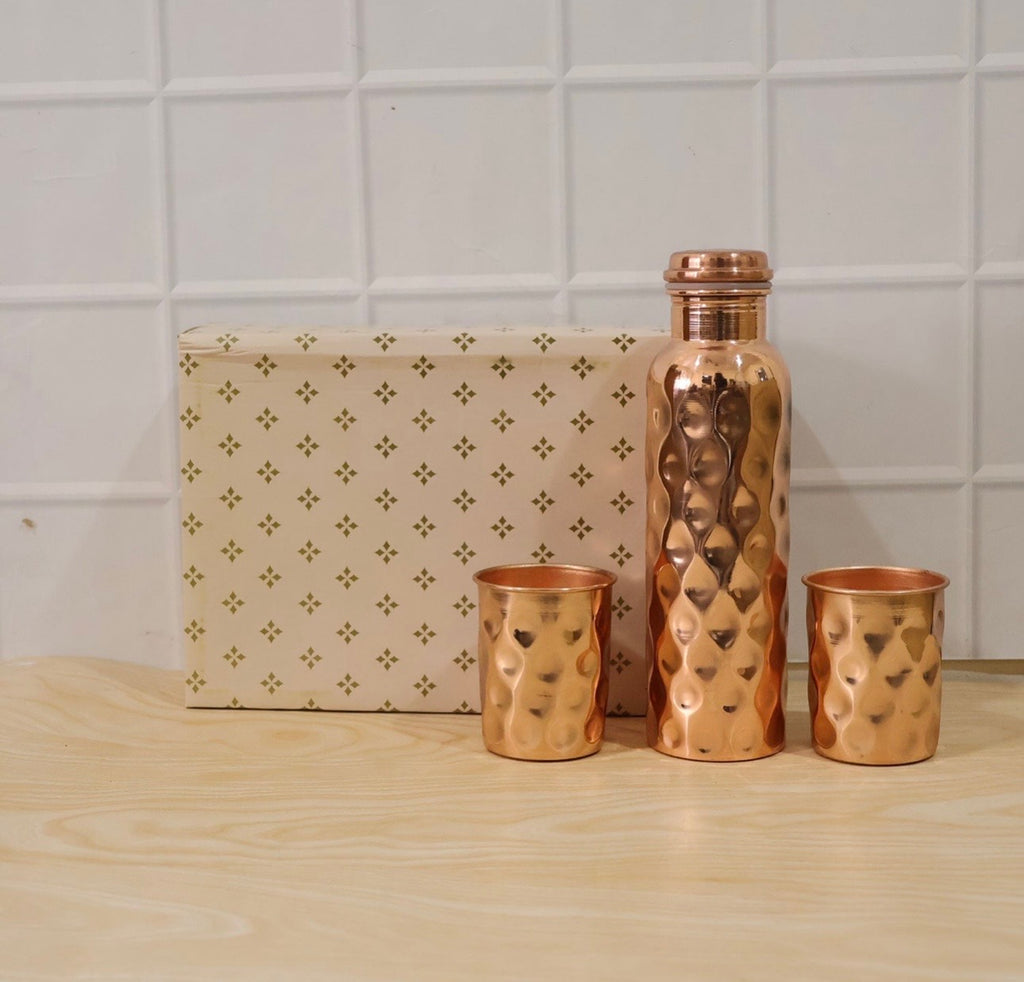 Diamond Cut Copper Water Bottle 2 Glasses With Gift Box (3 Pcs Set)