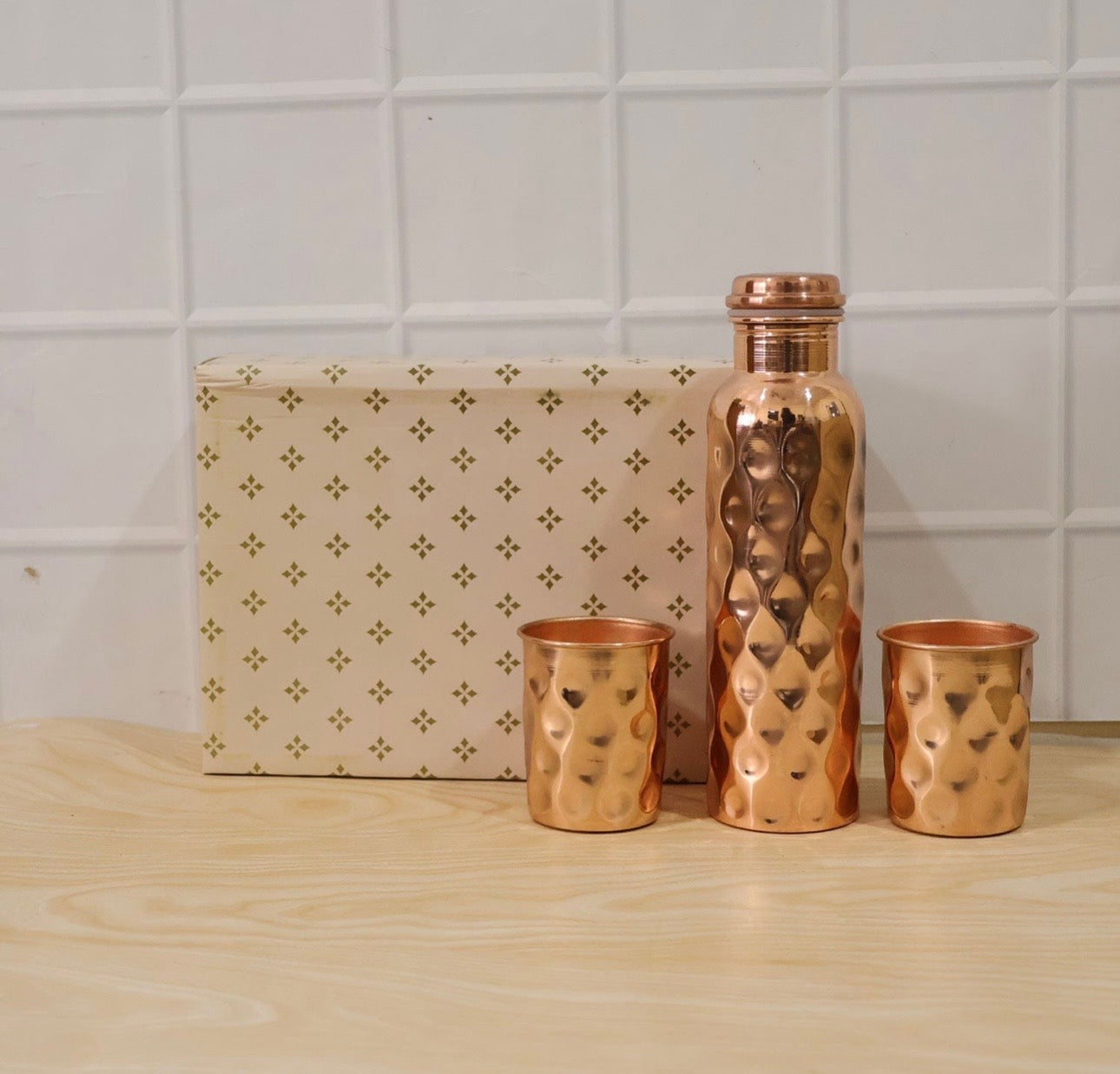 Diamond Cut Copper Water Bottle 2 Glasses With Gift Box (3 Pcs Set)