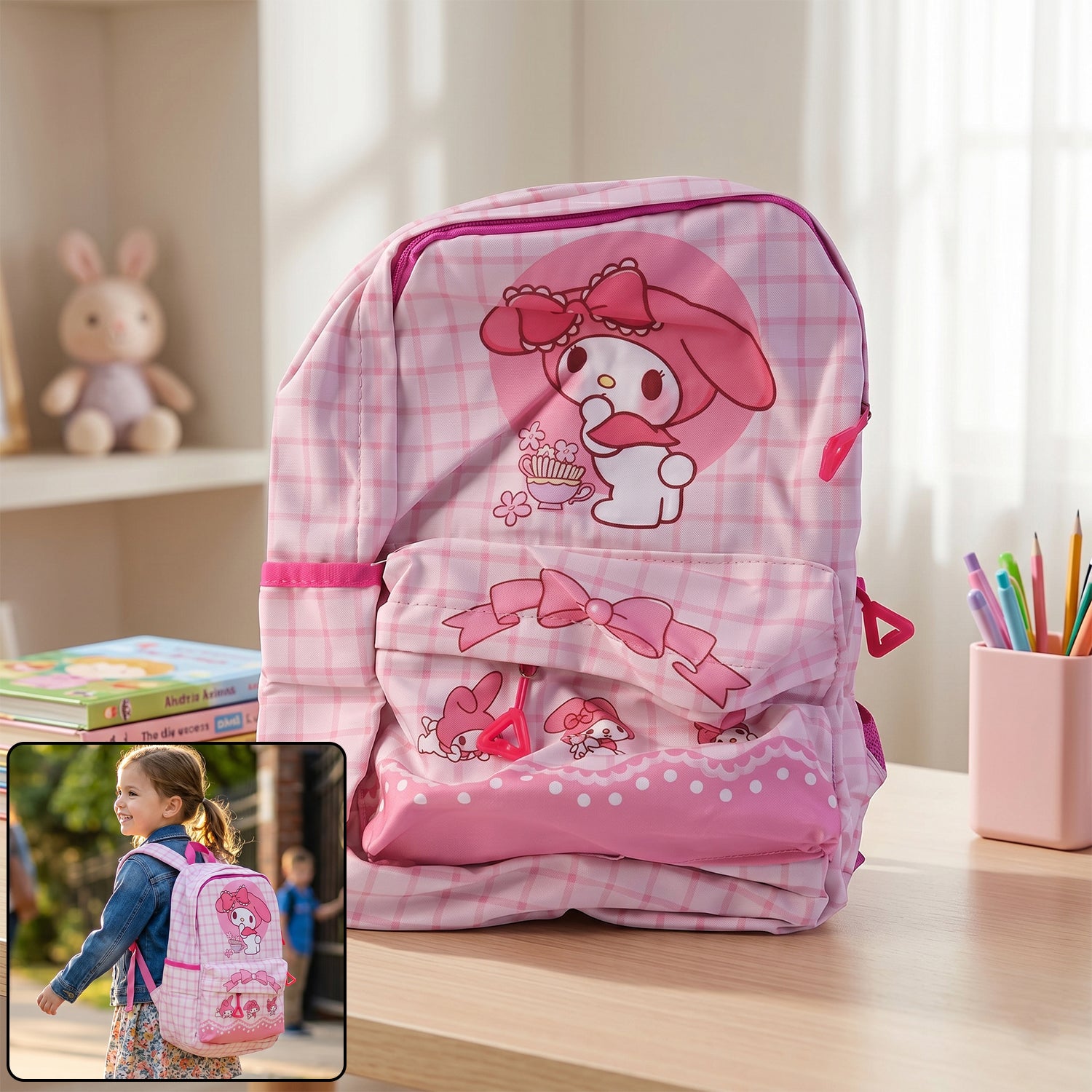 Cute Bow And Bunny Design Backpack  (1 Pc 13 Inch)