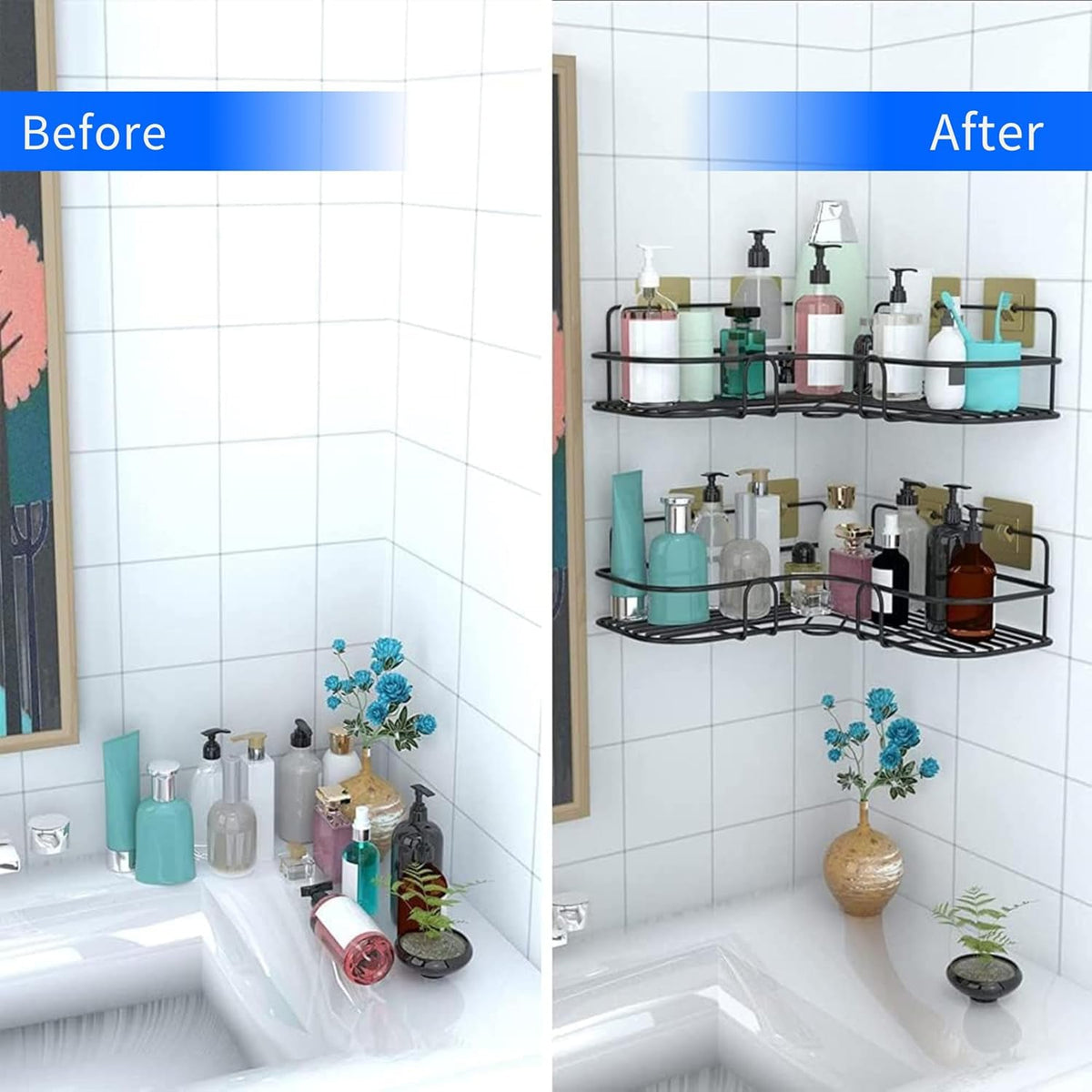 Durable metal shower rack mounted without drilling