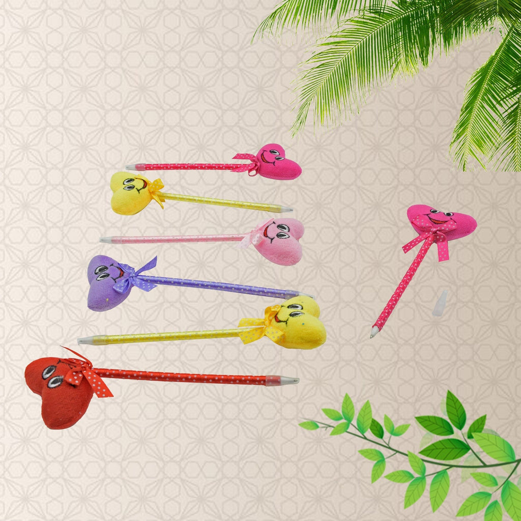 Assortment of cartoon and heart pens arranged together