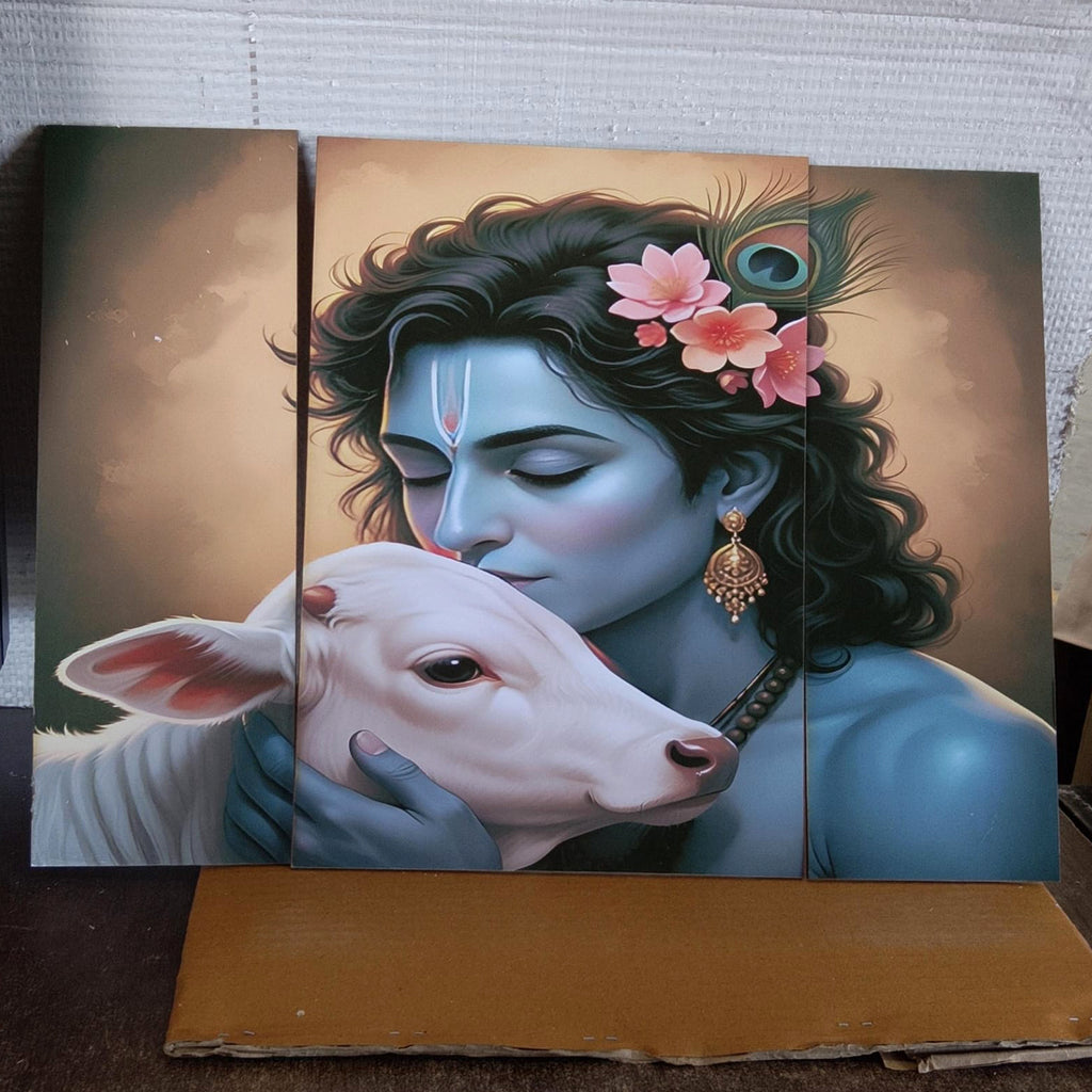 Krishna N Cow 3 Panel Mdf Wall Frame Wall Art Painting 16.5x12in (1 Pc)