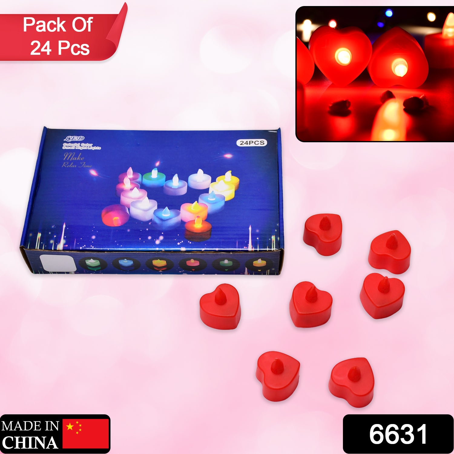 6631 Flameless Candles Led Heart Shape Tea Light Candles Multi Color Electrical Diya Candles Battery Operated Fake Candles For Gifthome Decoration Diwali Navratri Lighting (Pack Of 24)