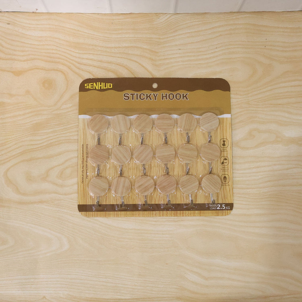 Self Adhesive Wall Hooks Strong Sticky Wooden Look Hanger No Drill (18 Pc)